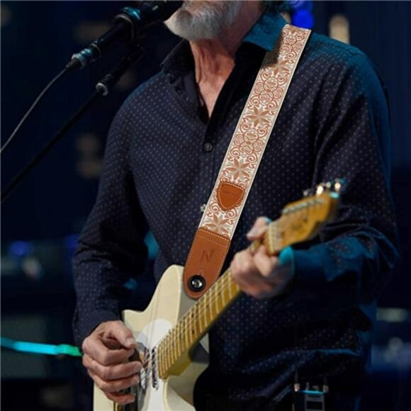 Vintage Woven Guitar Strap Adjustable Leather Ends for Acoustic Bass Electric - Picture 2 of 7